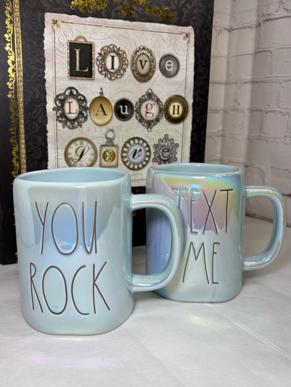 Rae Dunn “You Rock” and “Text Me” Iridescent Light Blue Ceramic Mug Set NIB - Picture 4 of 10